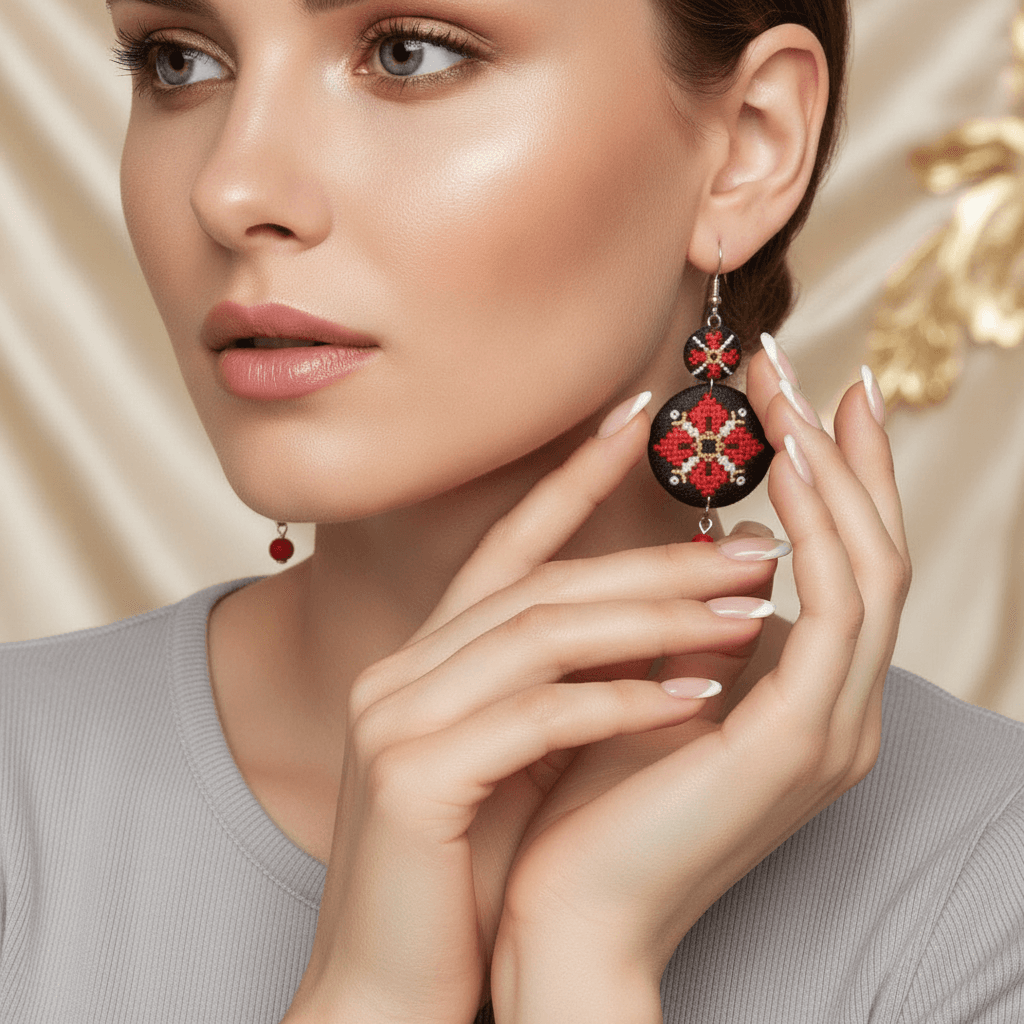 Red Folk Cross-Stitch Earrings